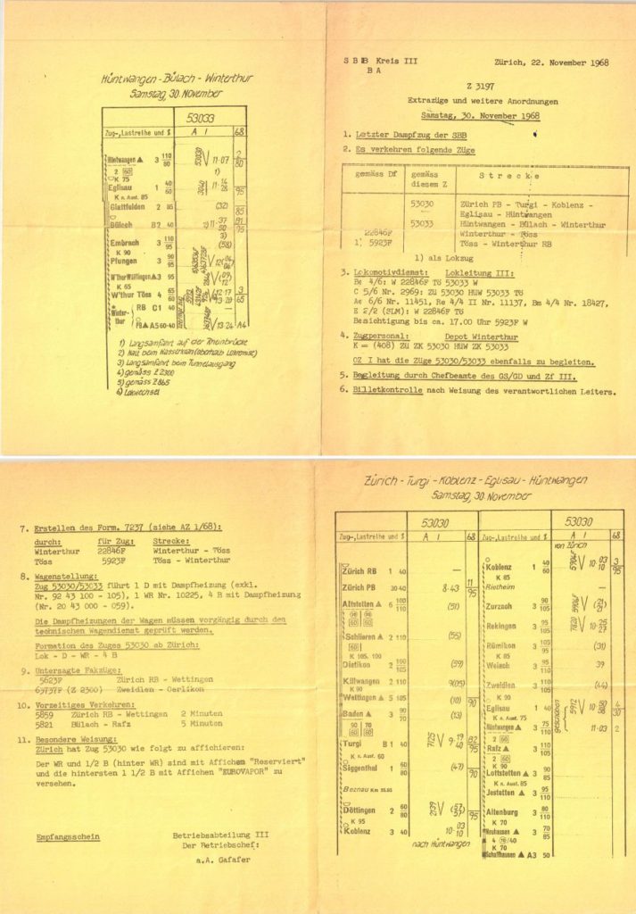 In Hand- und Schreibmaschinenschrift präsentiert sich das zweiseitige Anordnungszirkular vom 22.11.1968 für die Extrafahrt am 30. November 1968 auf dunkelgelben Papier.