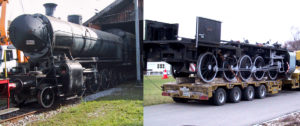 Bildcollage: links die C 5/6 2958 Kessel und Rahmen, rechts C 5/6 2969 Rahmen auf einem Strassen-Tieflader verladen | Bild: M. Simmons