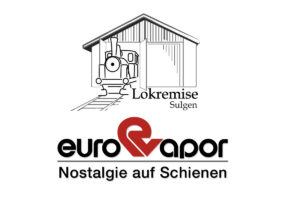 Logo der Lokremise Sulgen mit Dampflok im offenen Remisentor und das altbekannte Logo der Eurovapor untereinander